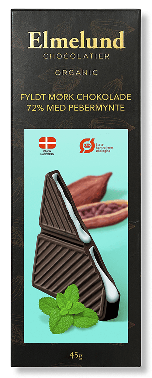 Elmelund Chokolade - Økologisk Chokoladeplade - Fyldt Mørk Chokolade med Pebermynte