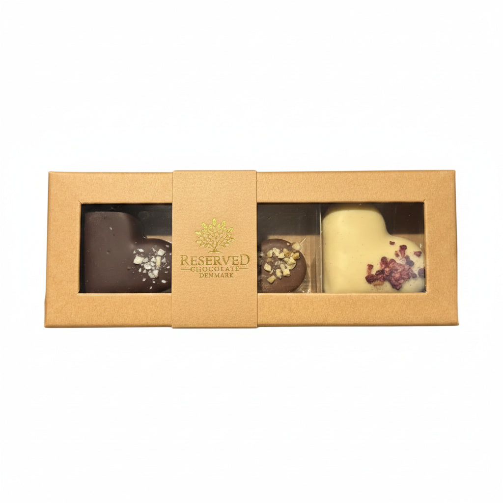 Reserved Chocolate - Marcipanhjerter 3 stk. - Hasselnød, Hindbær & Marcipan