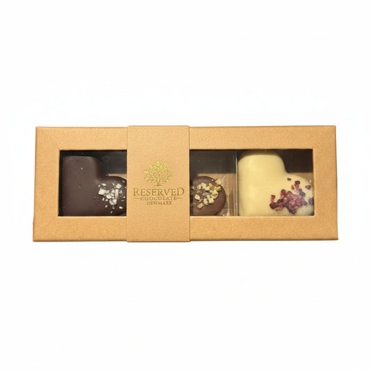Reserved Chocolate - Marcipanhjerter 3 stk. - Hasselnød, Hindbær & Marcipan